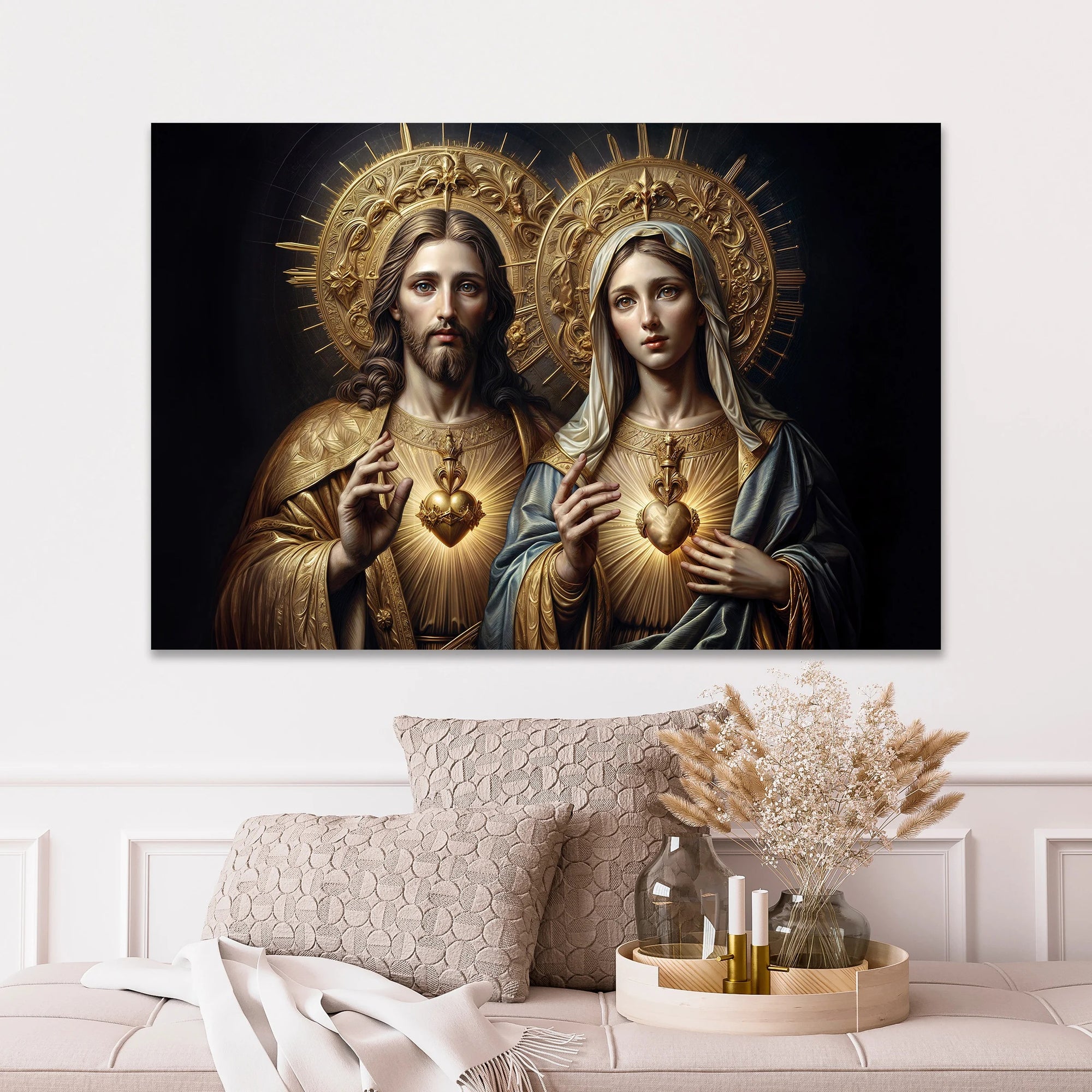 Quadro Decorativo Canvas Religioso Sagrado Coração de Jesus e Maria Horizontal