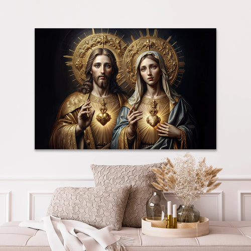 Quadro Decorativo Canvas Religioso Sagrado Coração de Jesus e Maria Horizontal