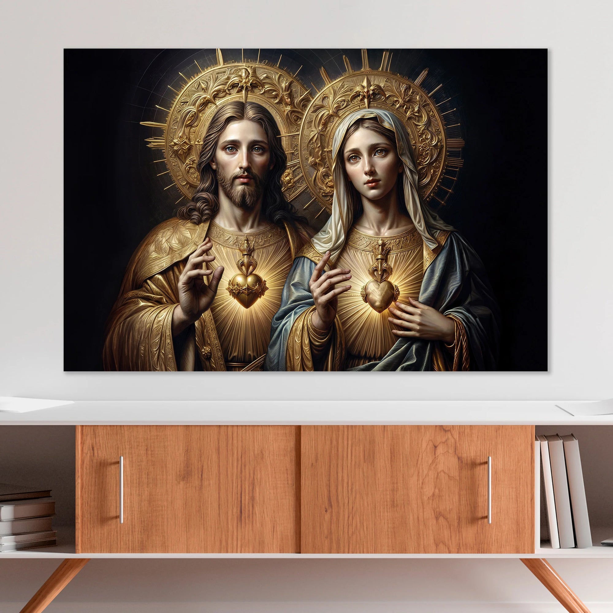 Quadro Decorativo Canvas Religioso Sagrado Coração de Jesus e Maria Horizontal
