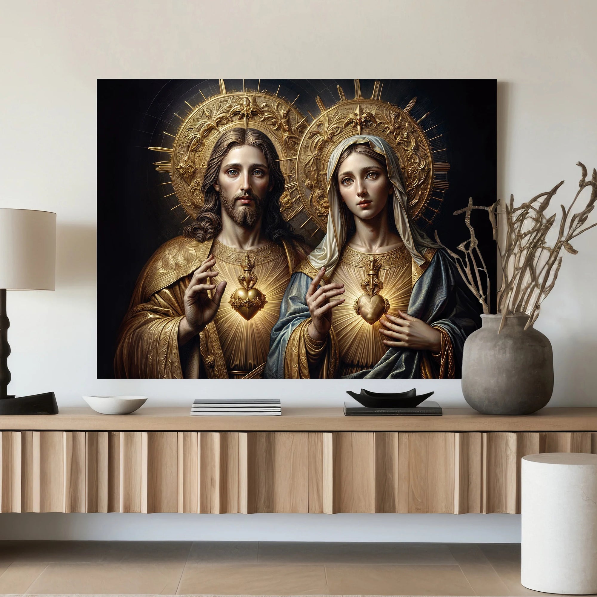 Quadro Decorativo Canvas Religioso Sagrado Coração de Jesus e Maria Horizontal