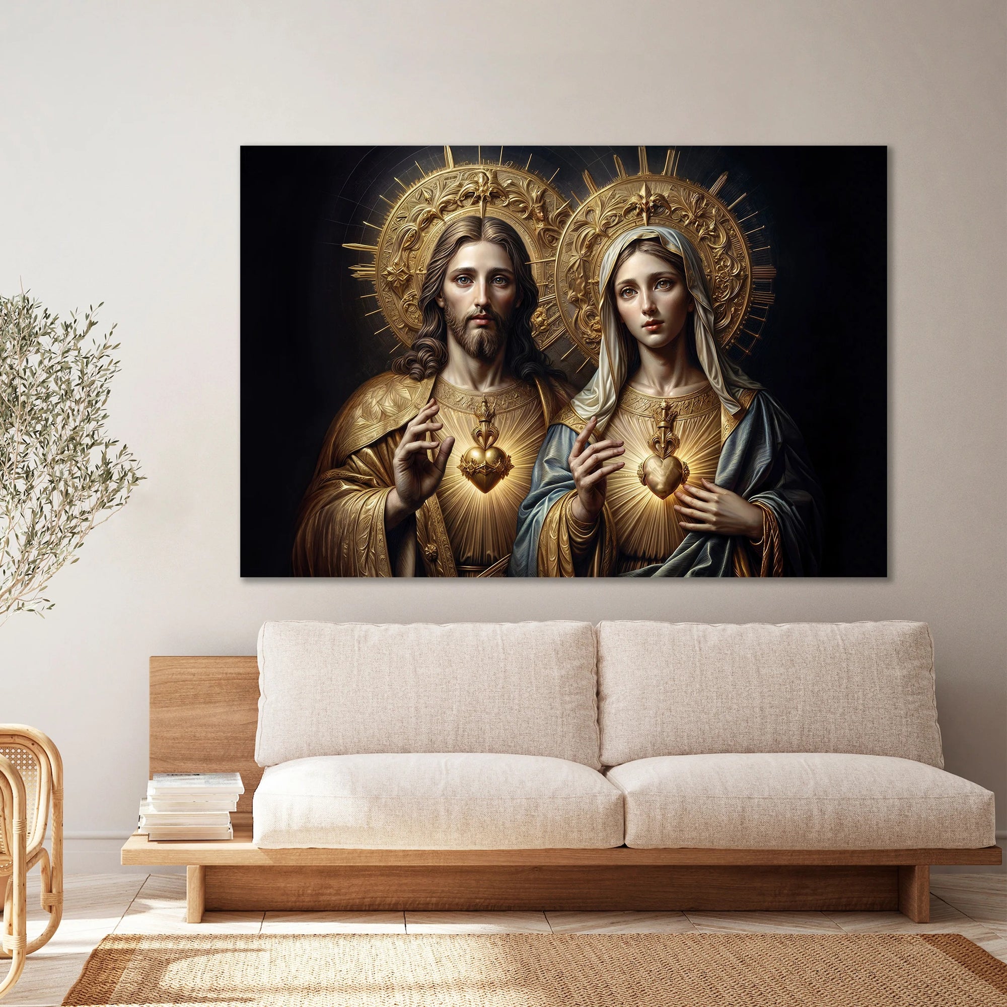 Quadro Decorativo Canvas Religioso Sagrado Coração de Jesus e Maria Horizontal
