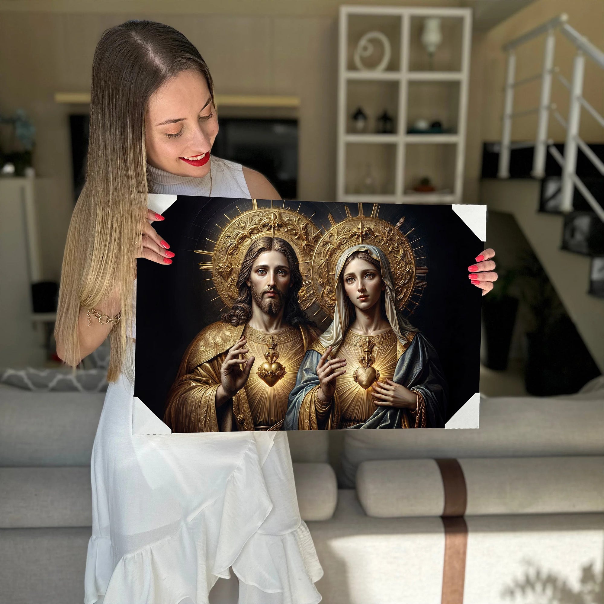 Quadro Decorativo Canvas Religioso Sagrado Coração de Jesus e Maria Horizontal