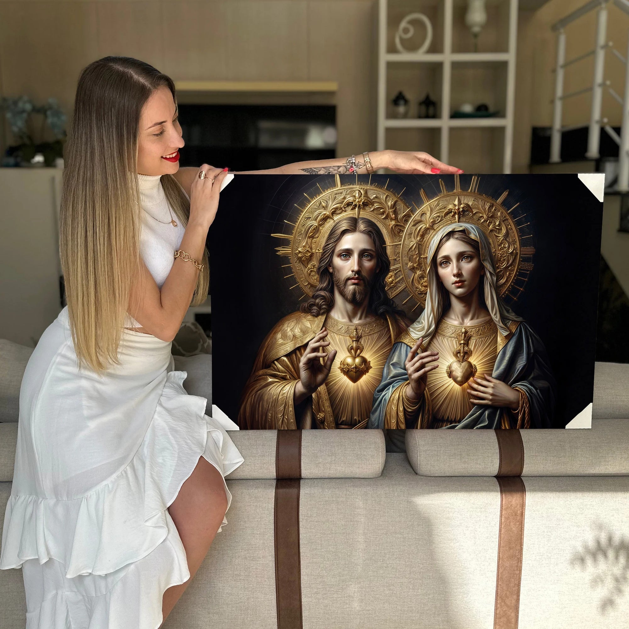 Quadro Decorativo Canvas Religioso Sagrado Coração de Jesus e Maria Horizontal